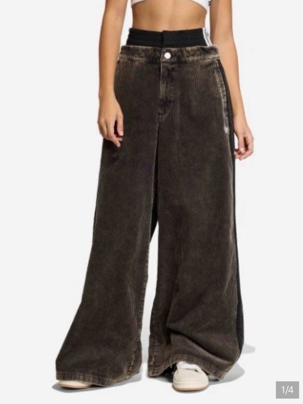 adidas Wide-Leg Corduroy Pants in Dark Brown with Black Trim